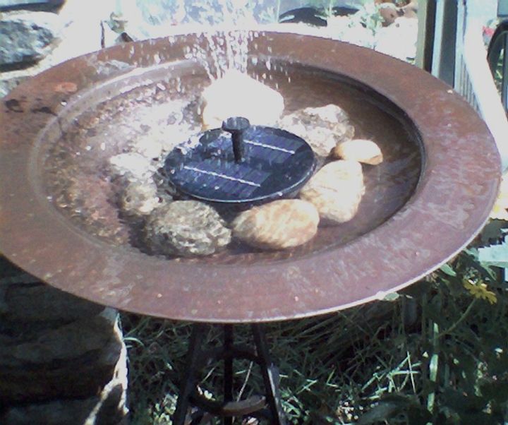 copper birdbath on wrot iron stand 10 floating solar fountain 25 brass, gardening, ponds water features, Fountian floats around and only shoots up water in direct sun No batteries required Add rocks for the birds and to hold in the center or it would spit the water over the sides