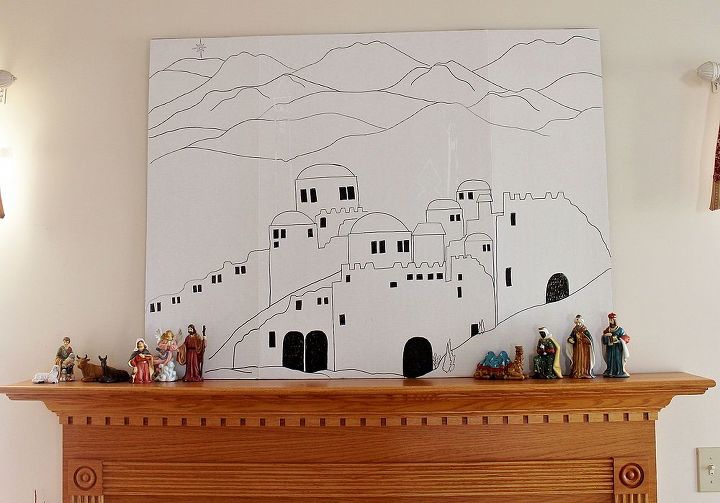 a country christmas, christmas decorations, seasonal holiday decor, I drew this scene for our grandkids It helps them imagine what Bethlehem might have been like when Jesus was born as we tell the story of Jesus birth It is the focus of the living room because Jesus is the true gift of Christmas