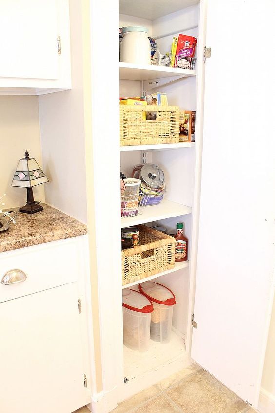transform your broom closet into a pantry, closet, Adding baskets and bins has helped keep us all organized
