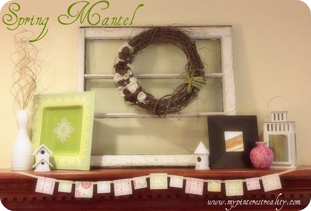 spring mantel reveal, home decor, I love how soft the colors are yet I ll be able to swap out the bunting for summer