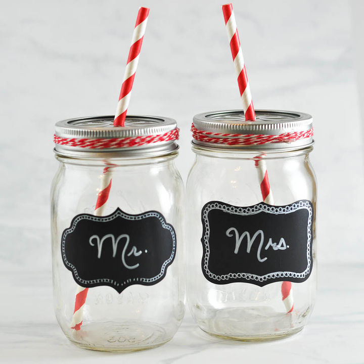 mason jar drinking glasses, chalkboard paint, crafts, mason jars, repurposing upcycling, A sweet wedding gift or glasses for a head table