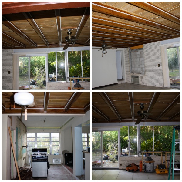 exposed beam ceiling before and after, diy, home improvement, paint colors, woodworking projects, This was mid demolition of the house We had already removed the dropped ceiling tiles that were there I still shudder when I see these photos