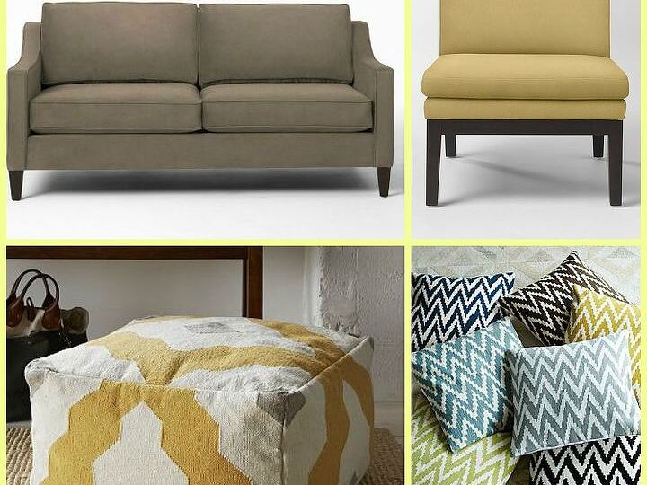 q looking for good quality small scale sofa or loveseat for living room, living room ideas, painted furniture, This is a collage I made of a living room design featuring one of the sofas I like the Paidge from West Elm