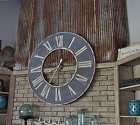 repurposed using an old barn tin roof and barn wood for a fireplace makeover, fireplaces mantels, home decor, mason jars, repurposing upcycling, Fireplace with repurposed tin and barn wood