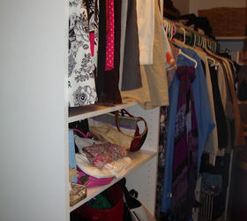 walk in master bedroom closet, cleaning tips, closet, organizing, Stacked vanity tower with purse and skirt organization as well as pull out drawers