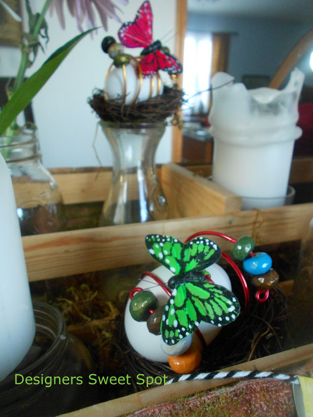 diy moss planter box, crafts, easter decorations, mason jars, seasonal holiday decor, I filled the planter box with spring flowers in mason jars candles and a few Easter eggs I will add more spring items as Easter gets closer