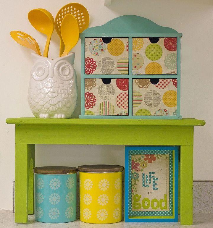 cute way to maximize kitchen counter space, home decor, kitchen design, I placed a vintage stool on one of the counters and placed my utensils and our catch all box on top While there was plenty of space to store canisters underneath