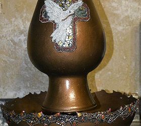 diy fountain 2 from glass vases and dollar store items, crafts, Parent s finished fountain Cross background Dove of Peace with olive branch and carved mosaic crown of thorns Rim