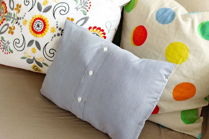 make a pillow from a man s shirt, crafts, repurposing upcycling, We removed the sleeves from the shirt first Then we cut it out and put the right sides together We stitched the sides together and filled it with pillow stuffing