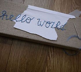 how to embroider burlap, crafts, Pull paper stencil off when finished