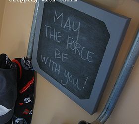 turning an old metal ladder into a hook rack and more, bedroom ideas, repurposing upcycling, And a chalkboard made from an old faded canvas A great spot for a message for our little Jedi