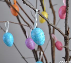5 minutes or less five dollar store easter decor ideas under 5, easter decorations, seasonal holiday d cor, wreaths, Glittery Easter eggs on branches Also make your own rope vase to go with it