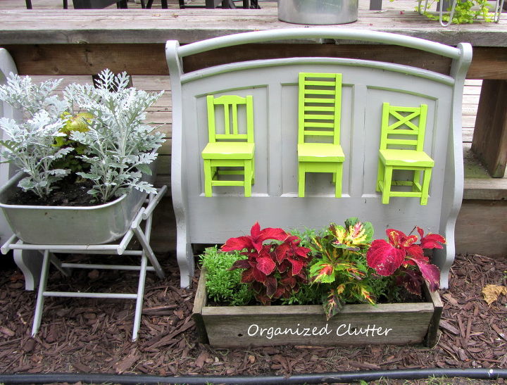 recycled pottery barn chairs futon ends in the garden, flowers, gardening, outdoor living, repurposing upcycling, Coleus and alyssum are planted in the wood boxes