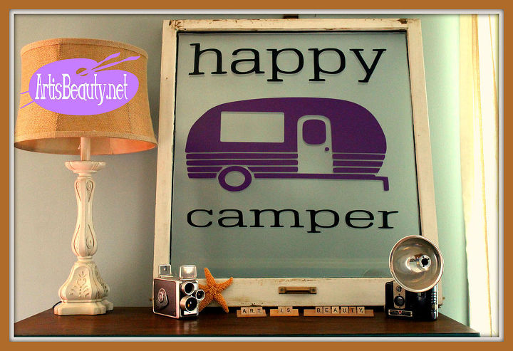 happy camper vintage window summer decor vinyl sign, crafts, repurposing upcycling, windows