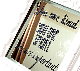 bathroom makeover stripes amp inexpensive organization ideas, bathroom ideas, doors, home decor, organizing, A custom vinyl framed on the mirror to remind my daughter of who she is everyday