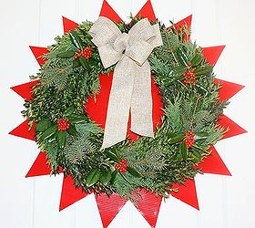 2012 christmas mantel, christmas decorations, living room ideas, seasonal holiday decor, wreaths, Mixed green wreath with burlap bow pops against a red painted star