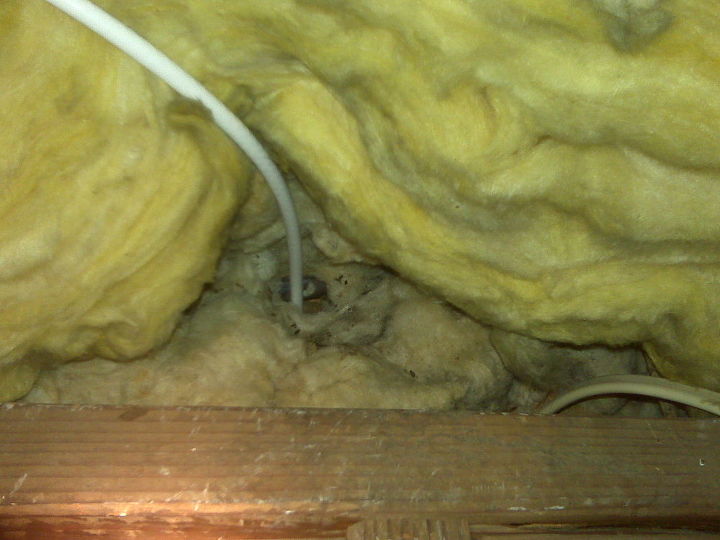 is your house cold drafty expensive to heat, heating cooling, home maintenance repairs, Notice the black stains round this wire Air is moving up and out of the walls where these holes are located This results in dust stains on the insulation