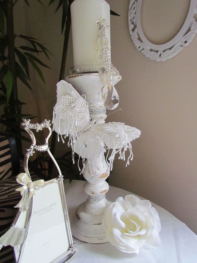 candle holder made shabby chic 2 of 5, crafts, repurposing upcycling, I added a crystal charms and tassels to this candle