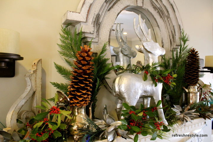 christmas mantel 2012, christmas decorations, seasonal holiday decor, Holly Evergreen Sugar Pinecones