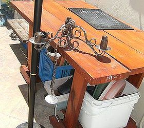 solar standing chandelier, lighting, outdoor living, repurposing upcycling, The chandelier itself was made out of two dumpster finds an old iron chandelier as well as an old standing lamp base