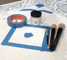 dumpster table gets a stencil and chalk paint makeover, chalk paint, painted furniture, Materials Stencil chalk paint stencil brushes roller painter s tape