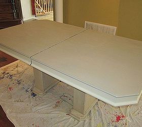 dining table update, painted furniture, Grey table top and cream sides The top was sanded after the 2nd coat and patched with a 3rd coat then distressed with sand paper again Finally glaze with chocolate brown was applied