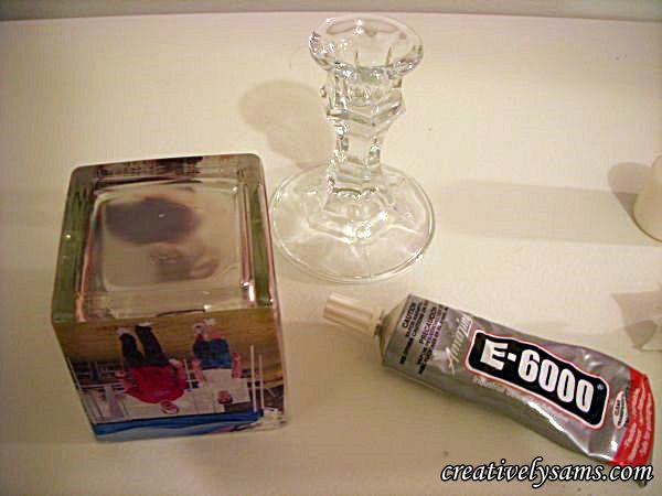 father s day photo centerpiece tutorial, crafts, seasonal holiday decor, Small Glass Candle Stick from the Dollar Tree some E 6000 glue to add a base and give it some height