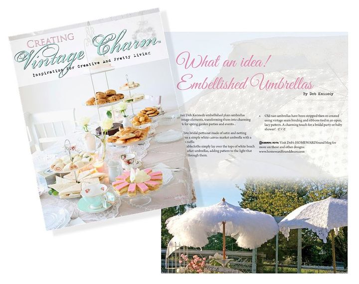 charming embellished umbrellas, crafts, outdoor living, featured in Creating Vintage Charm Magazine May 2013