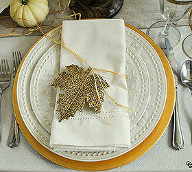 rustic glam thanksgiving table setting, christmas decorations, seasonal holiday d cor, thanksgiving decorations, Glittery gold leaf napkin holders are actually inexpensive Christmas ornaments from Walmart