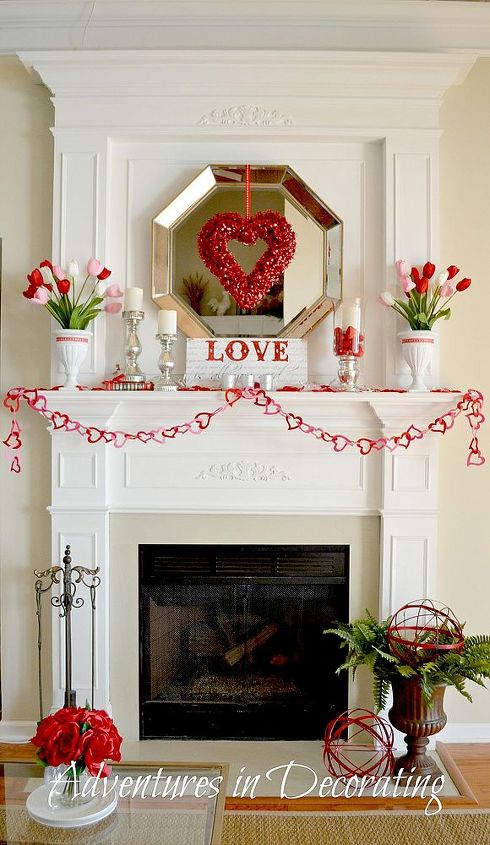 our simple valentine mantel valentinesday, christmas decorations, fireplaces mantels, seasonal holiday d cor, valentines day ideas, wreaths, Love red and white together