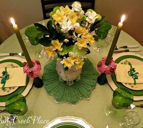 spring green tablescape with shamrocks, seasonal holiday d cor