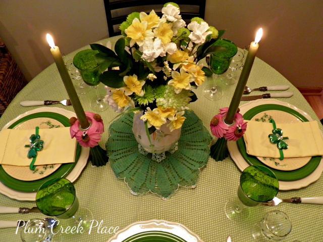 spring green tablescape with shamrocks, seasonal holiday d cor
