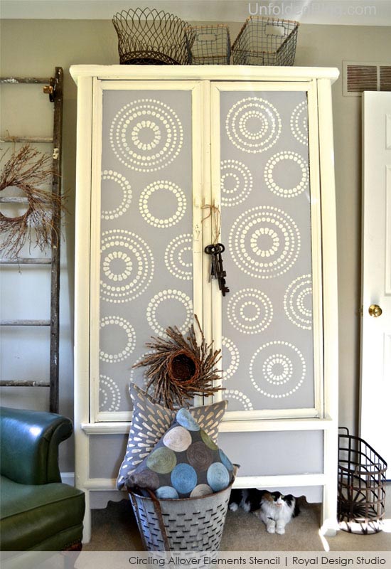 stenciling and chalk paint ideas for furniture transformations, chalk paint, painted furniture, Our Circling Allover Elements Stencil was the perfect choice to update this found cabinet