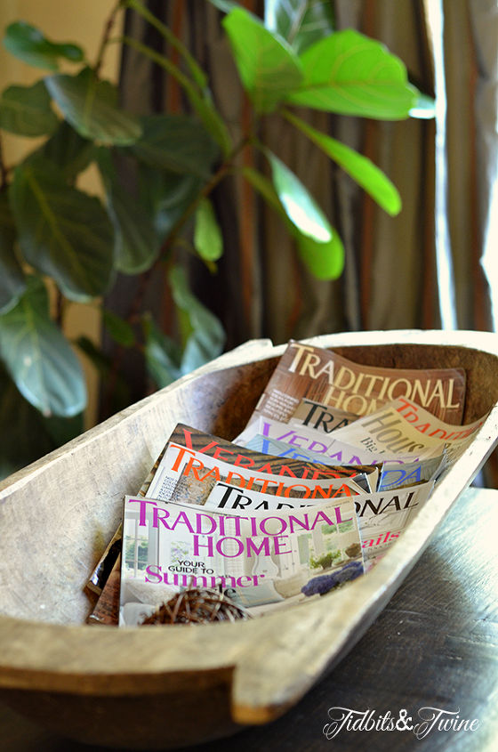 tips for decorating with vintage items, home decor, repurposing upcycling, Tidbits Twine A dough bowl makes a great magazine holder