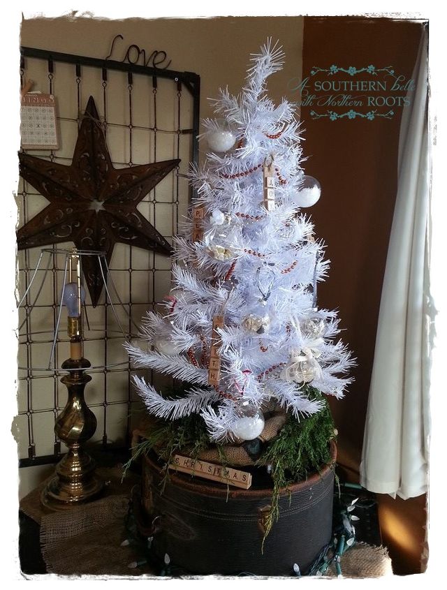 christmas decor, christmas decorations, seasonal holiday decor, Simple white tree displayed on a vintage hat box