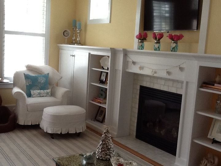 q how to decorate a long mantle, fireplaces mantels, home decor, living room ideas, Shelving cabinets to left side of fireplace