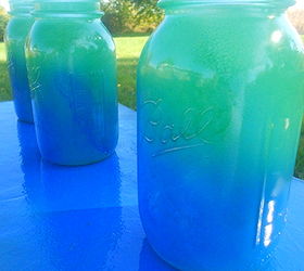 ombre mason jars, crafts, mason jars, painting, repurposing upcycling, First the green then the blue paint was added on top over the bottom portion of the jars