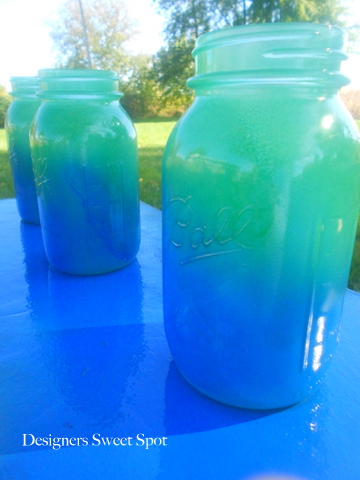 ombre mason jars, crafts, mason jars, painting, repurposing upcycling, First the green then the blue paint was added on top over the bottom portion of the jars