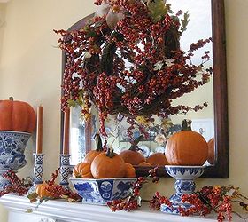 my fall mantel blue white with bittersweet and pumpkins, seasonal holiday d cor, wreaths, Love the color contrast unexpected colors for fall