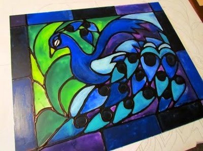 creating faux stained glass with acrylic paint and glue, crafts, painting, Faux Stained Glass Majestic Peacock