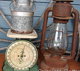 new finds and a new outdoor vignette, flowers, gardening, outdoor living, repurposing upcycling, A consignment shop scale and a rusty kerosene lantern fill the spot the bean pots occupied under the covered patio