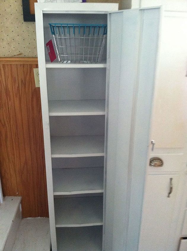 old metal cabinet turned into pantry, painted furniture, I got the metal egg basket on the clearance shelf at Target for 3
