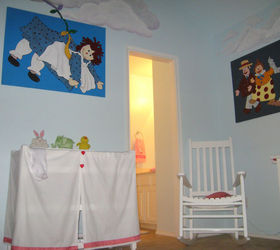aria s room, bedroom ideas, home decor, painting, To the right are 3 40 wide x 30 high canvases showing all the Raggedy Ann characters in a row holding hands To the left above the custom made changing table is a canvas of Raggedy Ann that has a kite across the ceiling pulling her