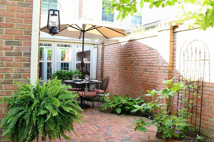 my ralph lauren courtyard, flowers, gardening, outdoor living, We added ferns roses annuals and vines that will grow and soften the look of the brick That makes the area seem more intimate and inviting