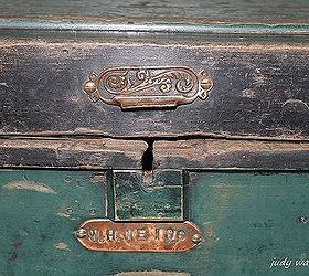 when mother nature brings down your tree make a bench, diy, painted furniture, woodworking projects, Love the decorative brass handle copper name plate on the old carpenters box