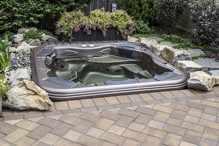 project spotlight love water features love to relax this is the best of both enjoy, outdoor living, patio, ponds water features, pool designs, spas, View of the Bullfrog spa from the Cambridge paver patio