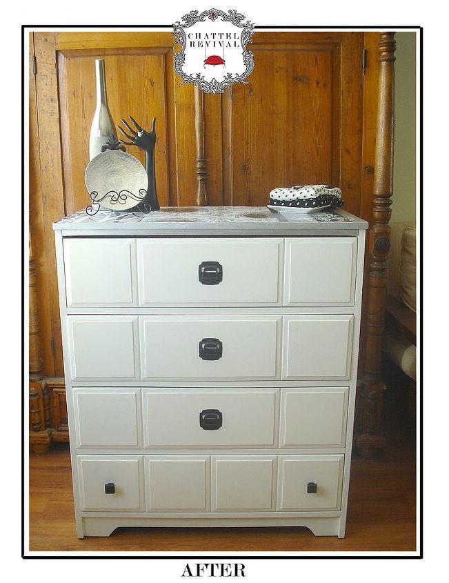 drab to delightful dresser revival, painted furniture, I used four coats of a creamy white for the body of the piece sealed it with poly and then waxed