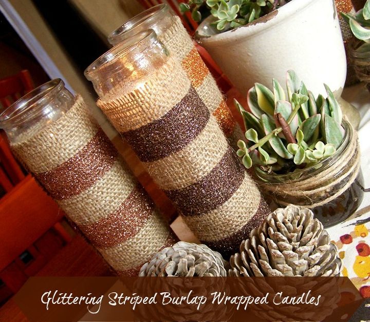 glittering striped burlap candle wraps, crafts, decoupage, seasonal holiday decor, These burlap beauties are a great addition to your Fall decor or change up the glitter colors for any holiday
