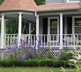 landscaping around your porch, curb appeal, flowers, landscape, Flowers and boxwood create a simple beautiful transition from porch to landscape