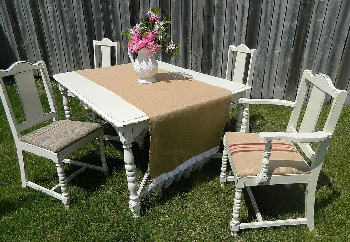 faux grain sack table and chairs, painted furniture, repurposing upcycling, reupholster